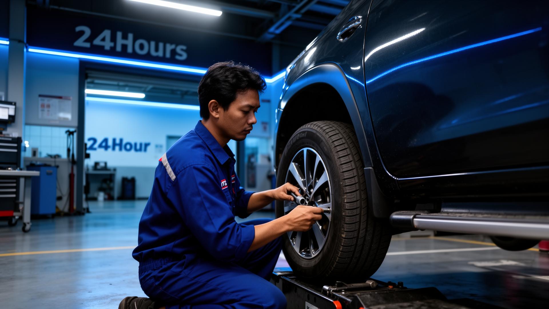 Mechanic servicing a car at RapidWheel Auto Service